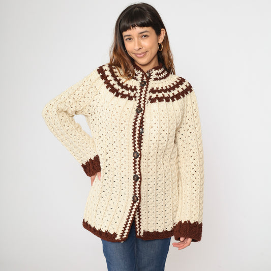 70s Cream Crochet Boho Cardigan S/M