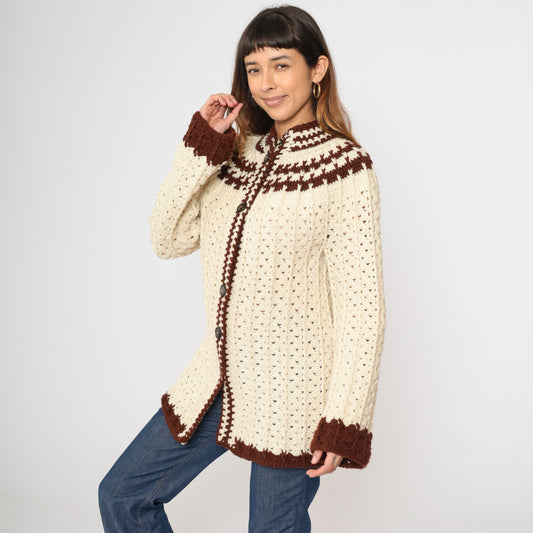 70s Cream Crochet Boho Cardigan S/M