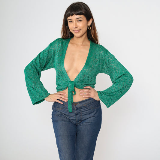 Vintage 70s Metallic Green Knit Crop Top S
