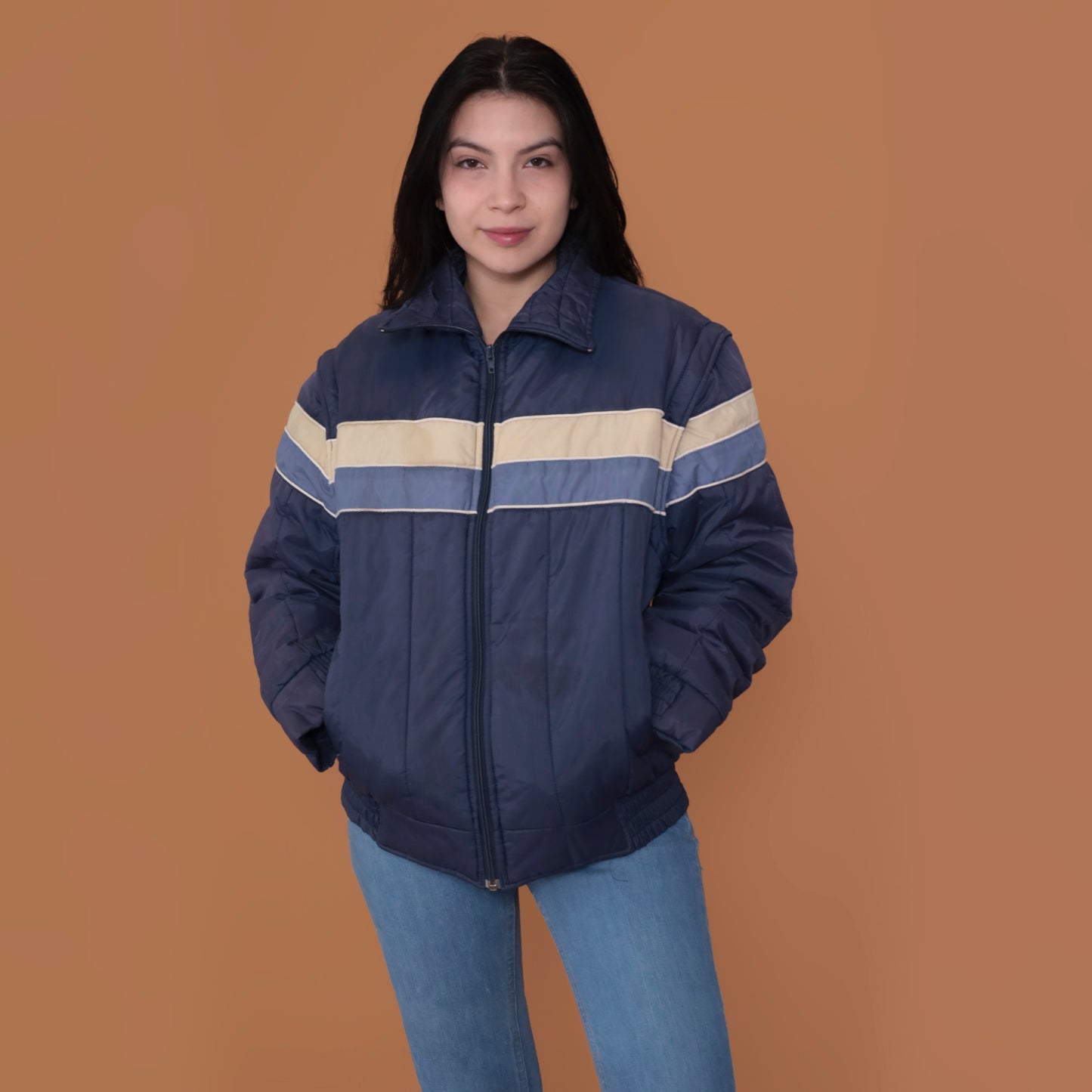 80s Navy Blue Striped Puffer Jacket