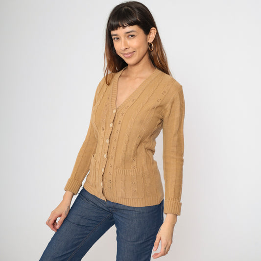70s Tan Openwork Pointelle Cardigan S