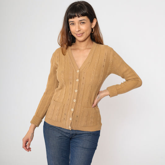 70s Tan Openwork Pointelle Cardigan S