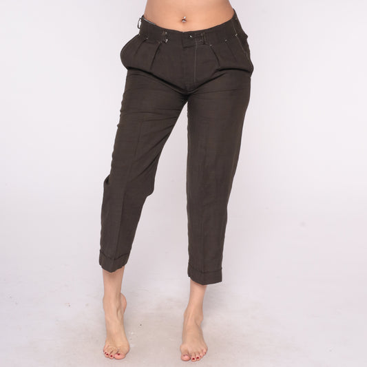 60s Playboy Pants Brown High Rise Cropped Capri Cuffed Pleated Pockets Belt Tabs Vintage Bunny Logo Patch Utility Trousers Medium Play Boy M