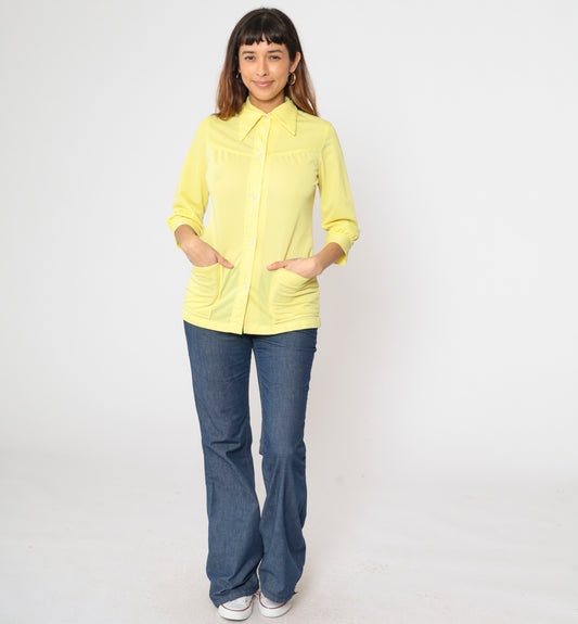 Vintage 70s Yellow Button Up Blouse XS