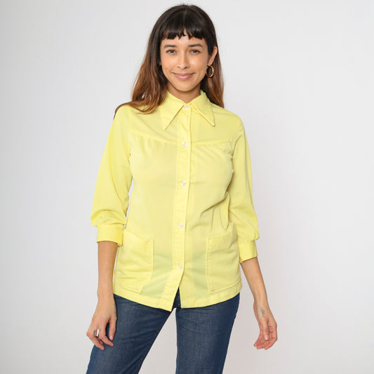 Vintage 70s Yellow Button Up Blouse XS