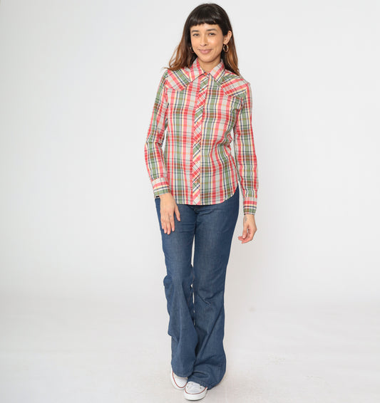 Vintage 70s Plaid Wrangler Western Blouse S