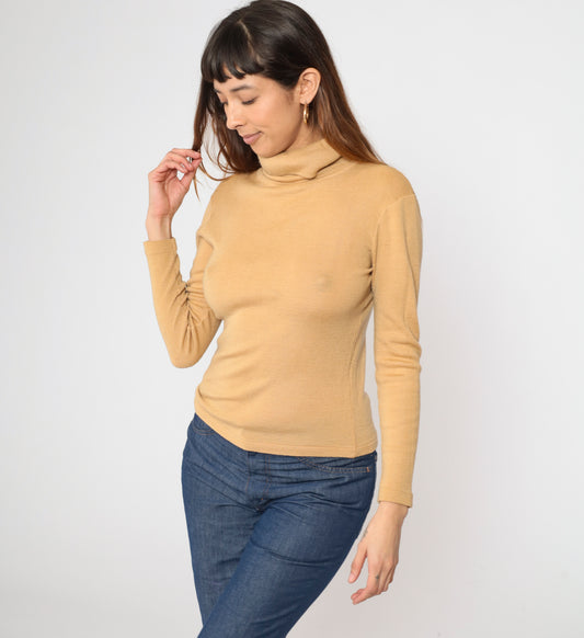 Vintage Tan Knit Turtleneck Top S