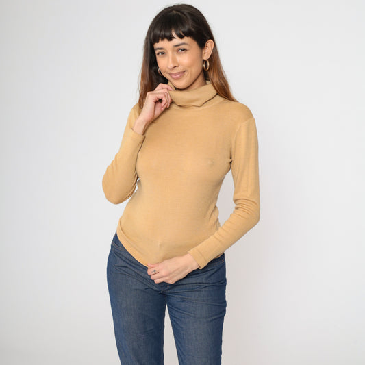 Vintage Tan Knit Turtleneck Top S