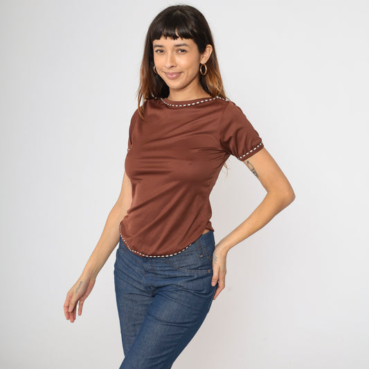 Vintage 70s Brown Nylon Short Sleeve Top S