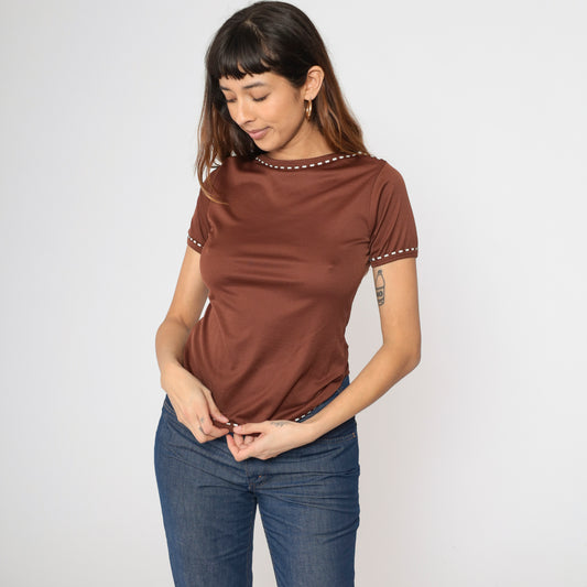 Vintage 70s Brown Nylon Short Sleeve Top S