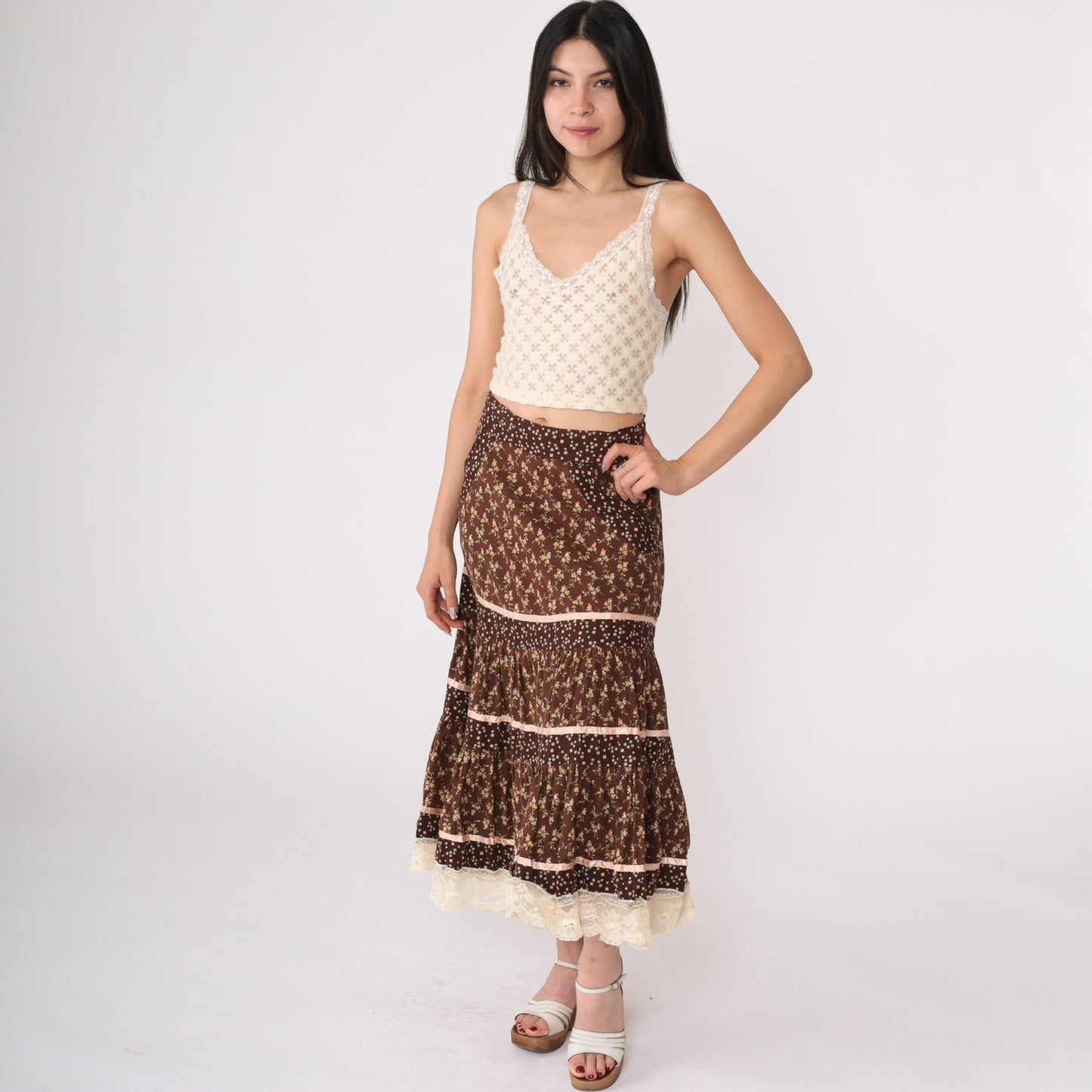 70's Ruffled Brown Floral Prairie Skirt