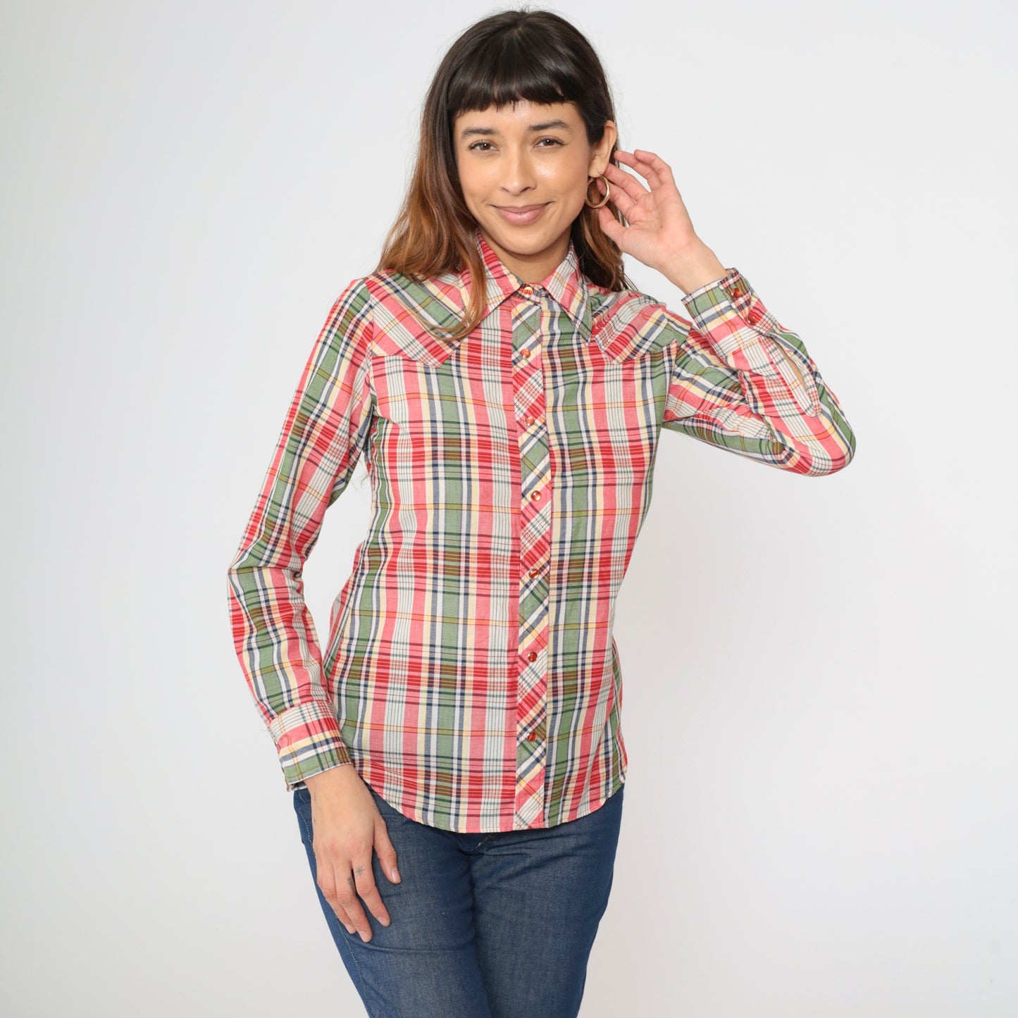 Vintage 70s Plaid Wrangler Western Blouse S