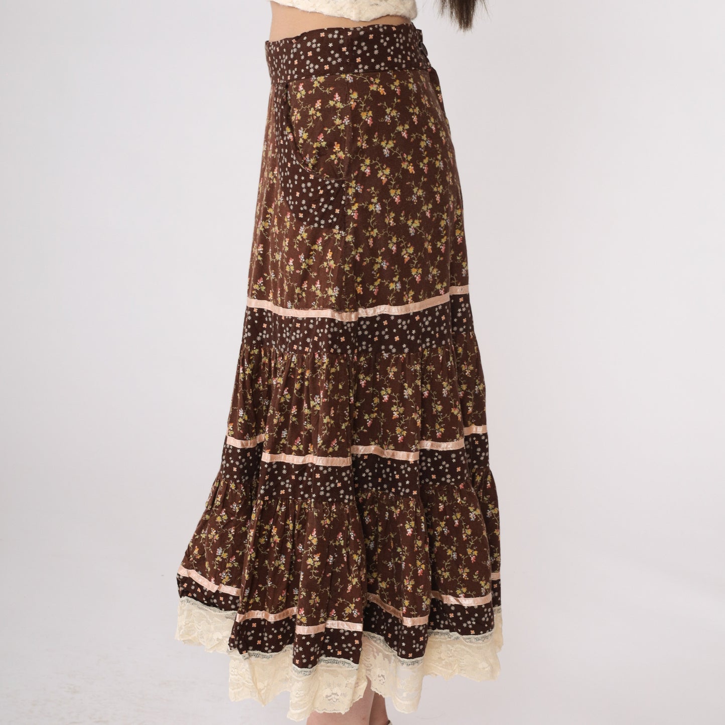 70's Ruffled Brown Floral Prairie Skirt