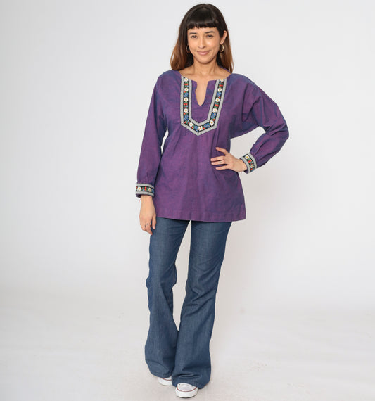 70s Purple Embroidered Tunic Top S