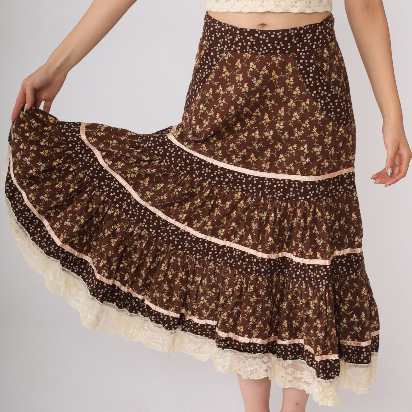 70's Ruffled Brown Floral Prairie Skirt