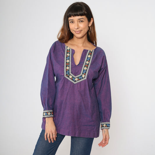 70s Purple Embroidered Tunic Top S