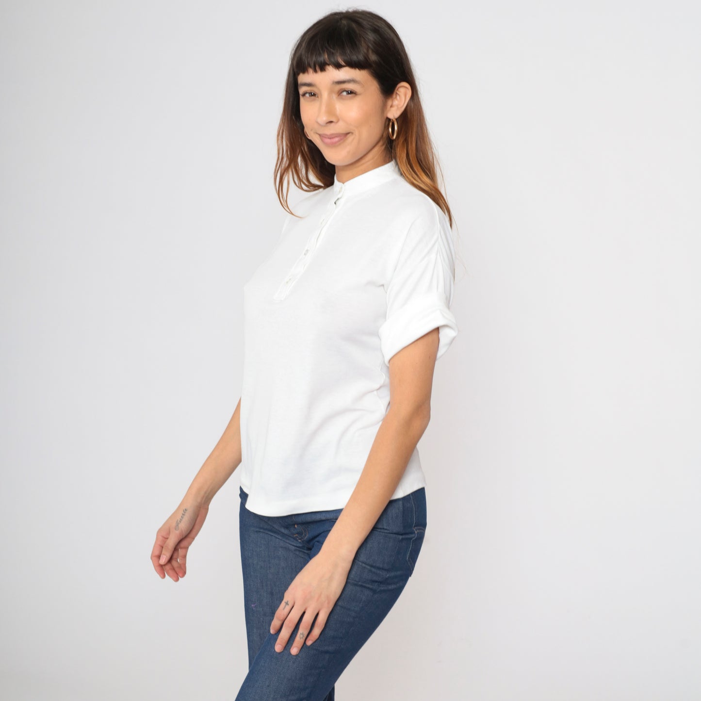 Vintage White Cuffed Henley Shirt S