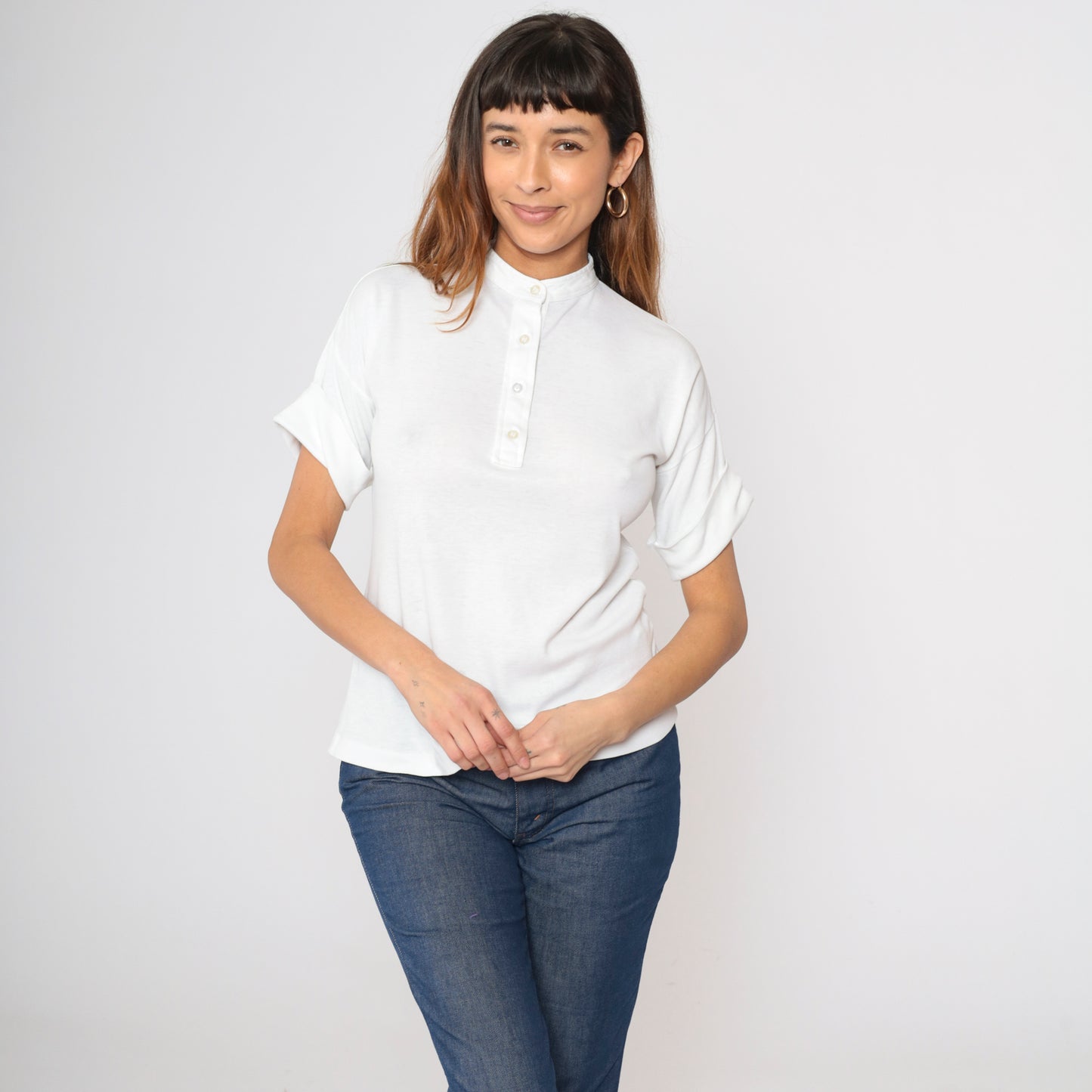 Vintage White Cuffed Henley Shirt S