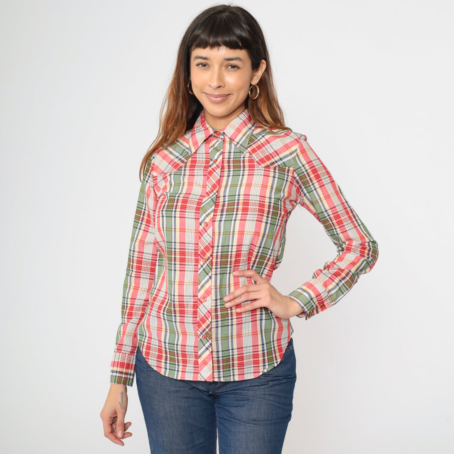 Vintage 70s Plaid Wrangler Western Blouse S