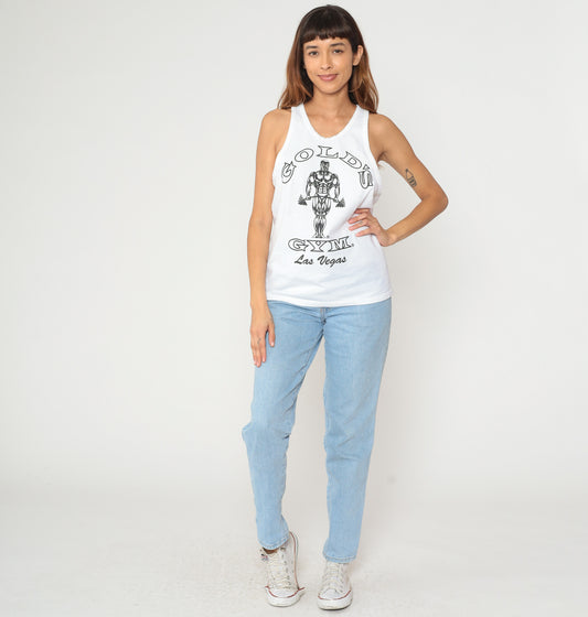 Golds Gym Tank Top 90s White Racerback Las Vegas Cotton Athletic Vintage Workout Muscle Shirt Fitness Training Gym Wear Bodybuilding Medium