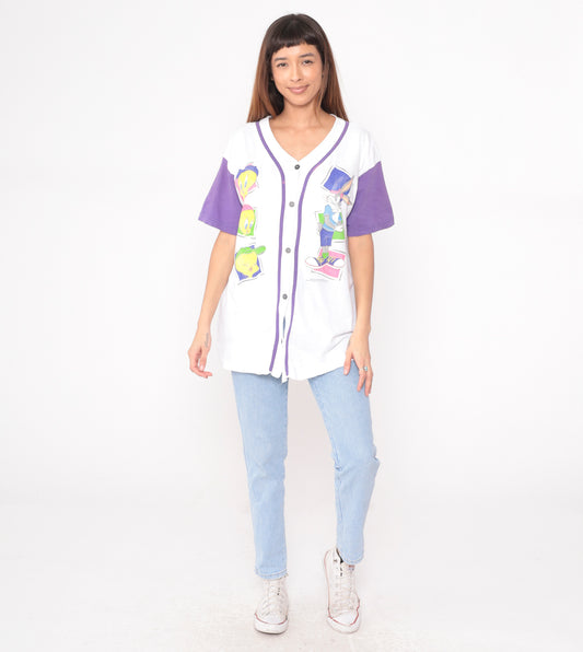 90s Looney Tunes Baseball Jersey Button Front Tweety Bugs Bunny White Purple Character Sun Sportswear Vintage Short Sleeve Top Extra Large