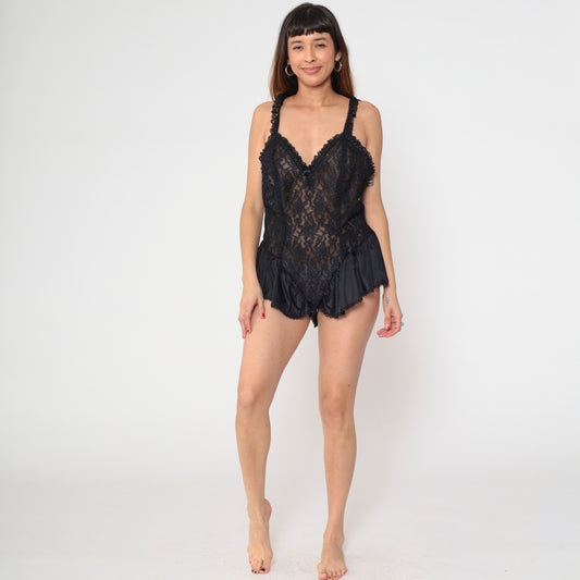 Black Lace Romper 90s Lingerie Teddy Ruffle Leg Shorts V Neck Plus Size Vintage Coquette Sleepwear Nightwear Babydoll Extra Extra Large XXL