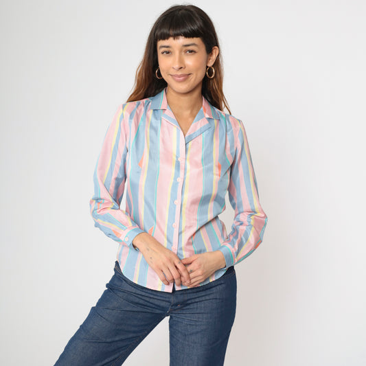 Vintage 80s Pastel Striped Button Up Blouse S