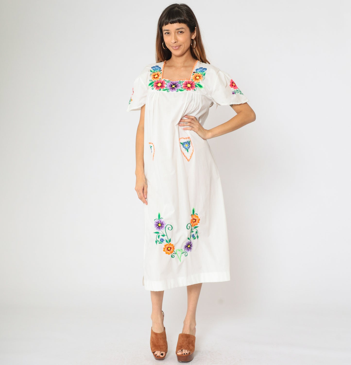 Vintage White Mexican Embroidered Dress M