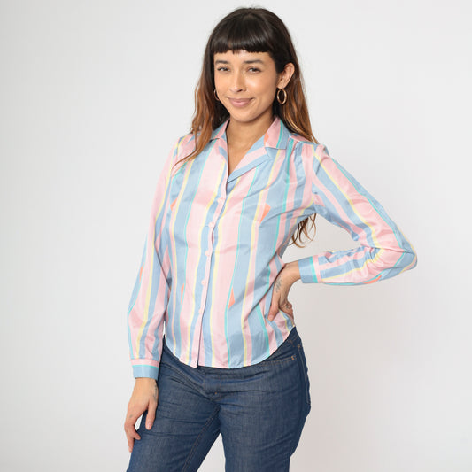 Vintage 80s Pastel Striped Button Up Blouse S