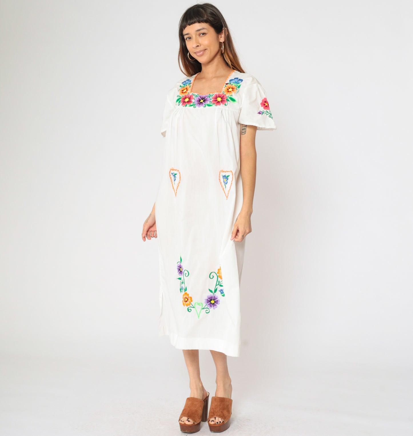 Vintage White Mexican Embroidered Dress M