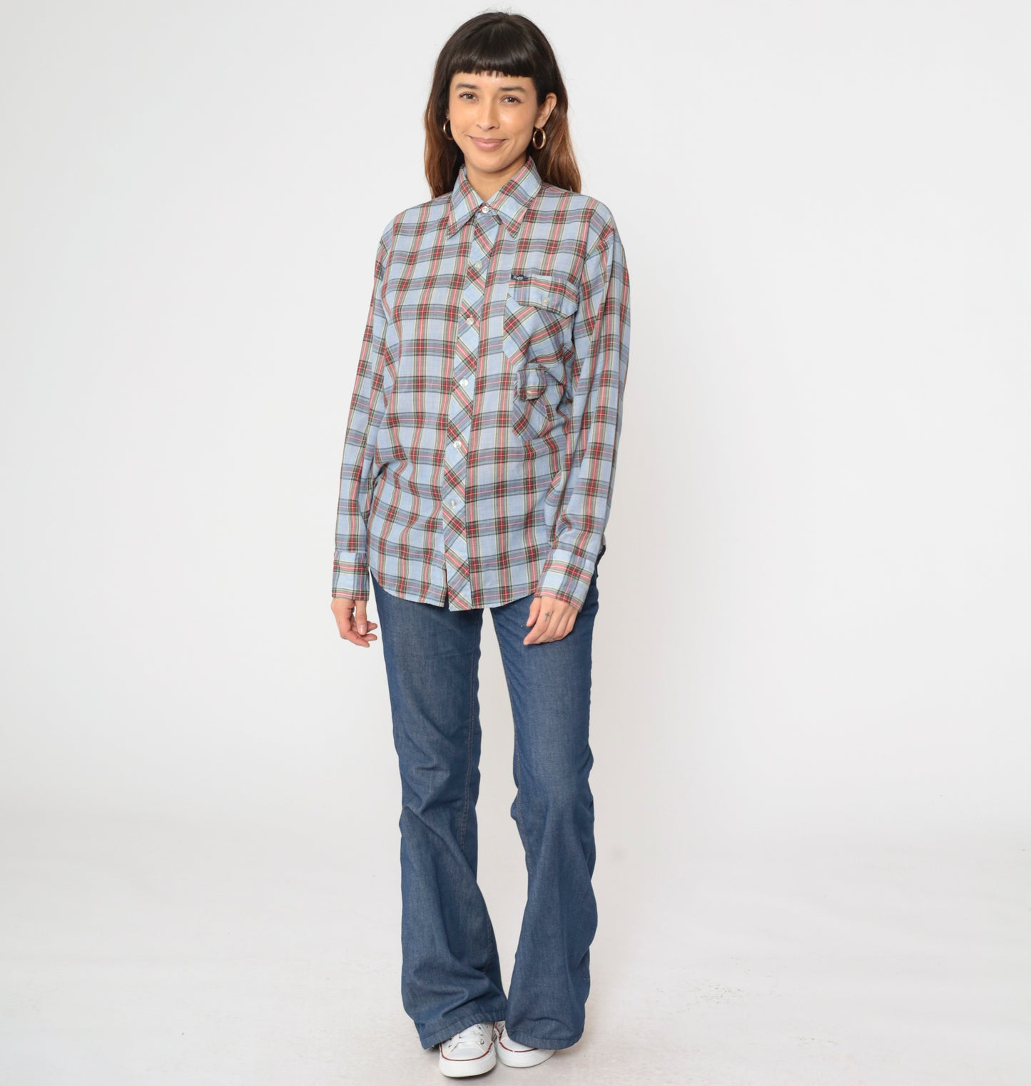 70s Light Blue Plaid Shirt Men's Medium 15-15 1/2