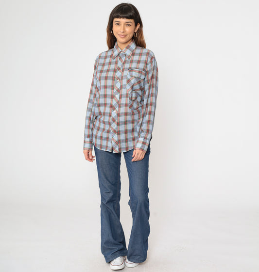 70s Light Blue Plaid Shirt Men's Medium 15-15 1/2