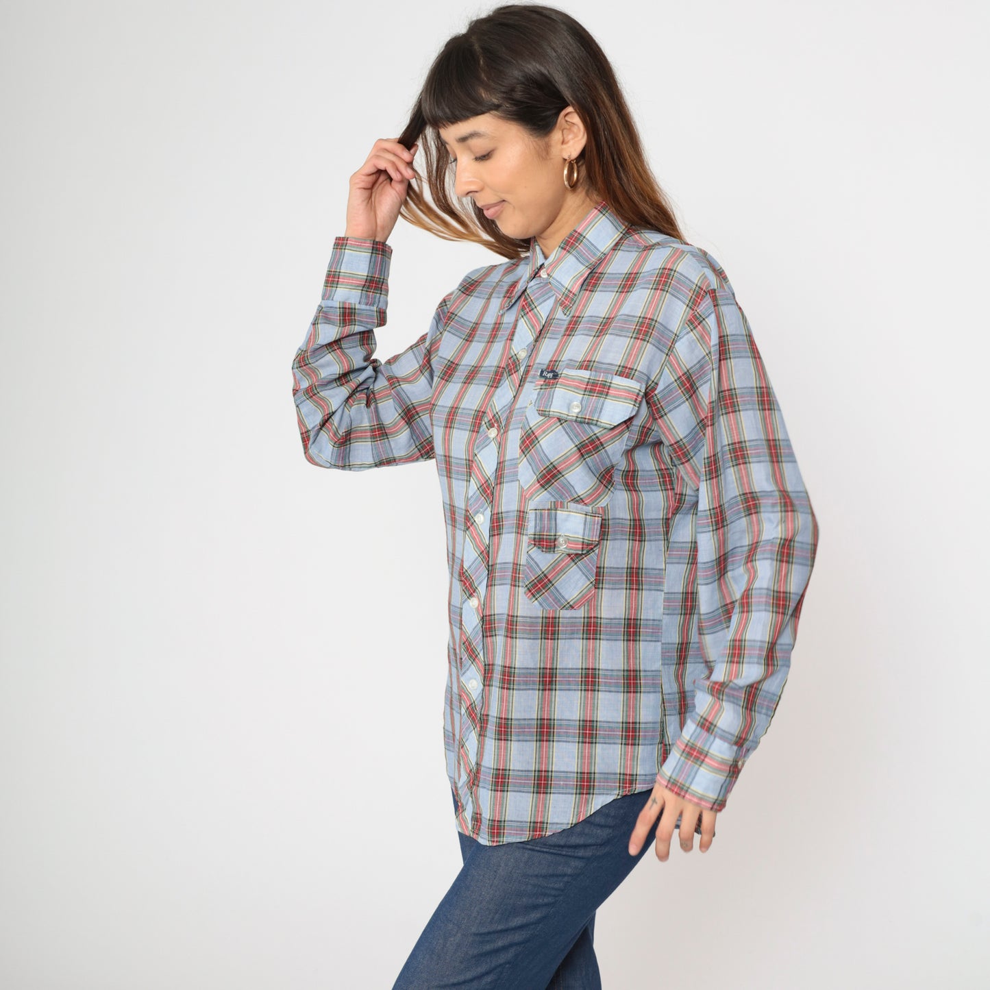 70s Light Blue Plaid Shirt Men's Medium 15-15 1/2