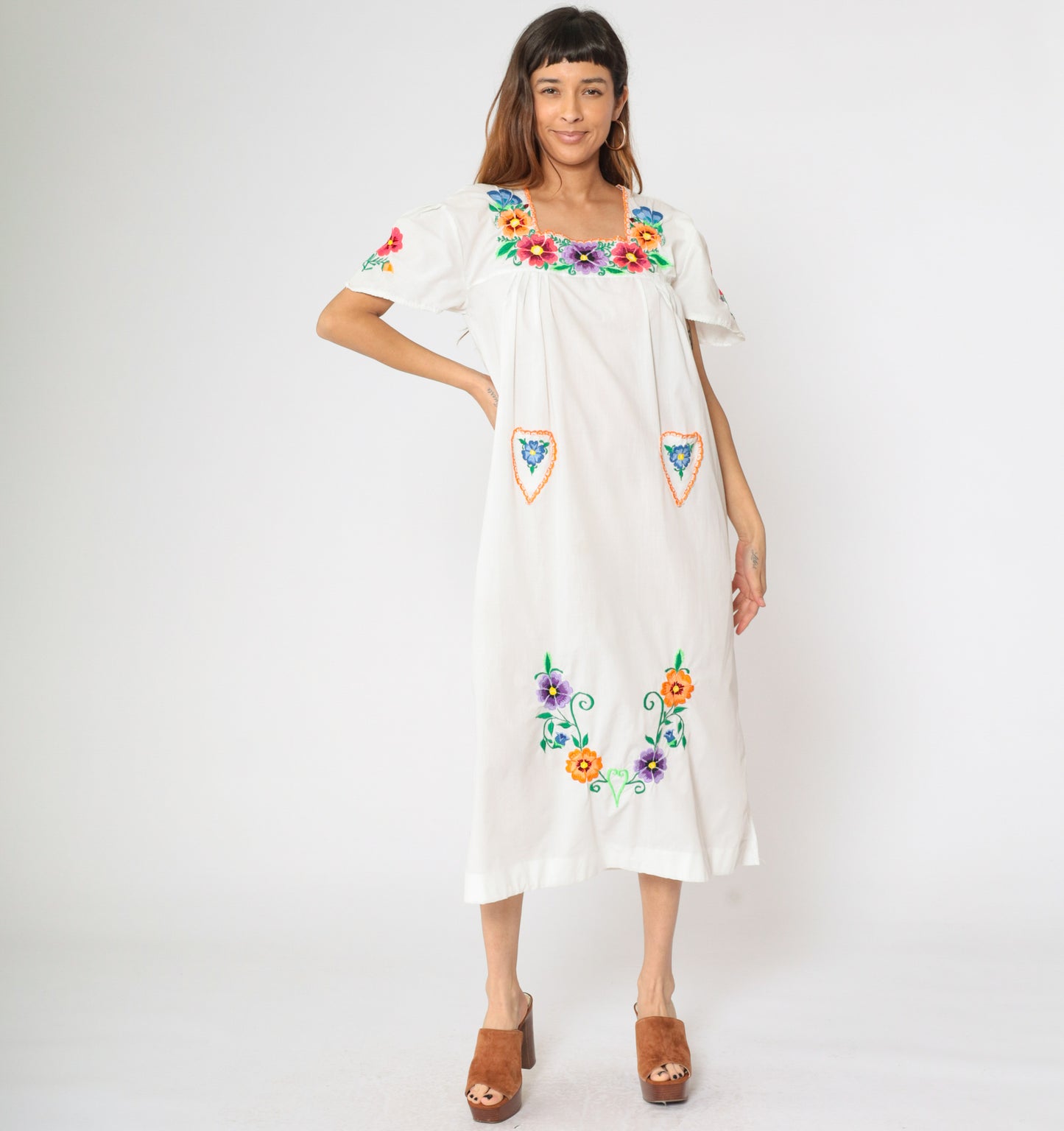 Vintage White Mexican Embroidered Dress M