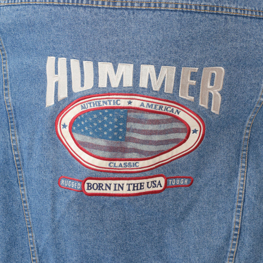 Hummer Denim Jacket Y2K American Flag Cotton Blue Button Front Chest Pockets Vintage 90s Americana Patriotic Logo Unisex Back Extra Large XL