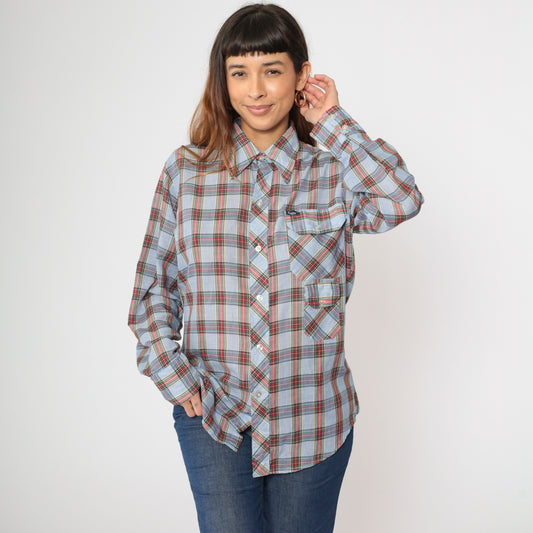 70s Light Blue Plaid Shirt Men's Medium 15-15 1/2
