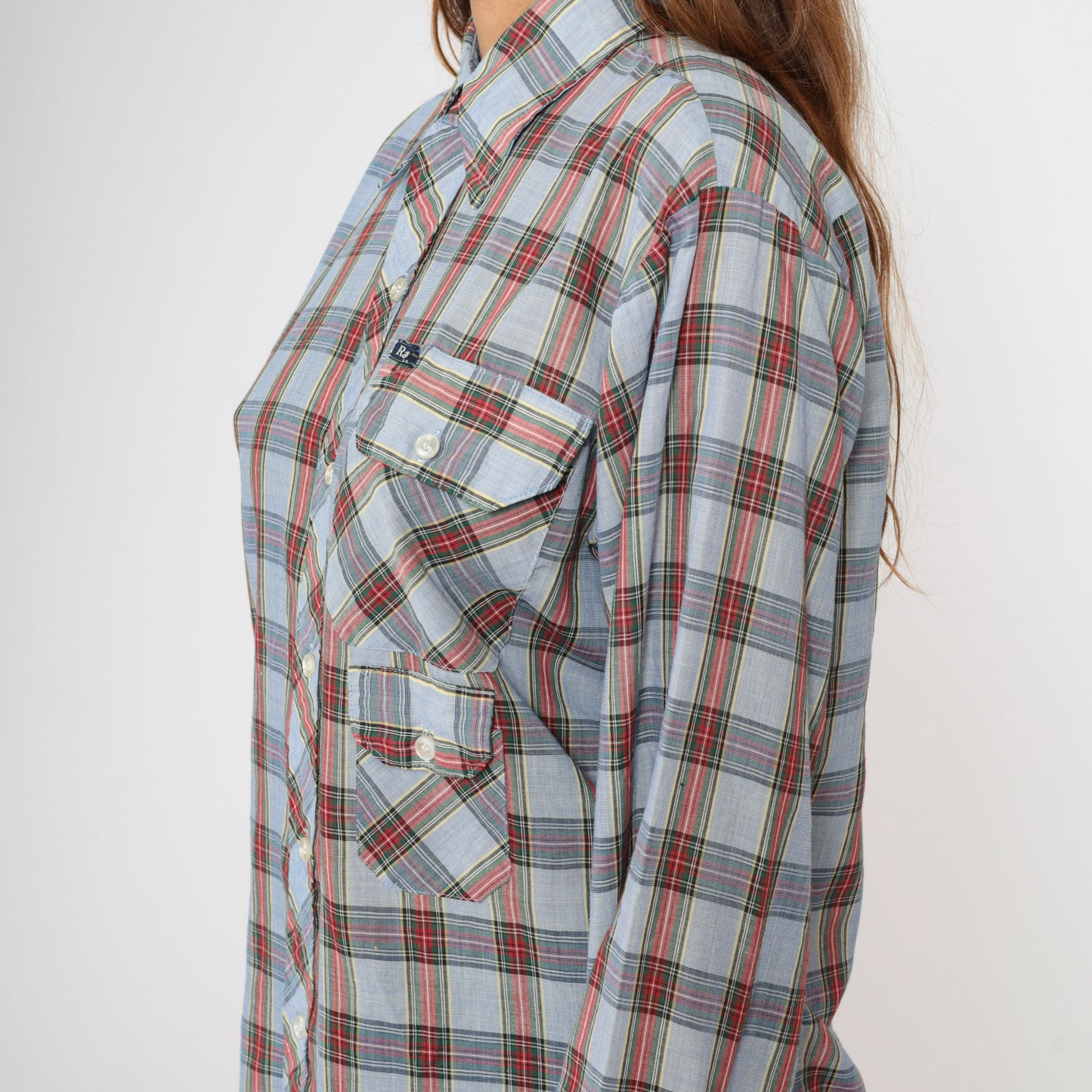 70s Light Blue Plaid Shirt Men's Medium 15-15 1/2