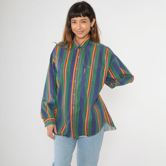 90s Green Striped Button Up Shirt Men's L
