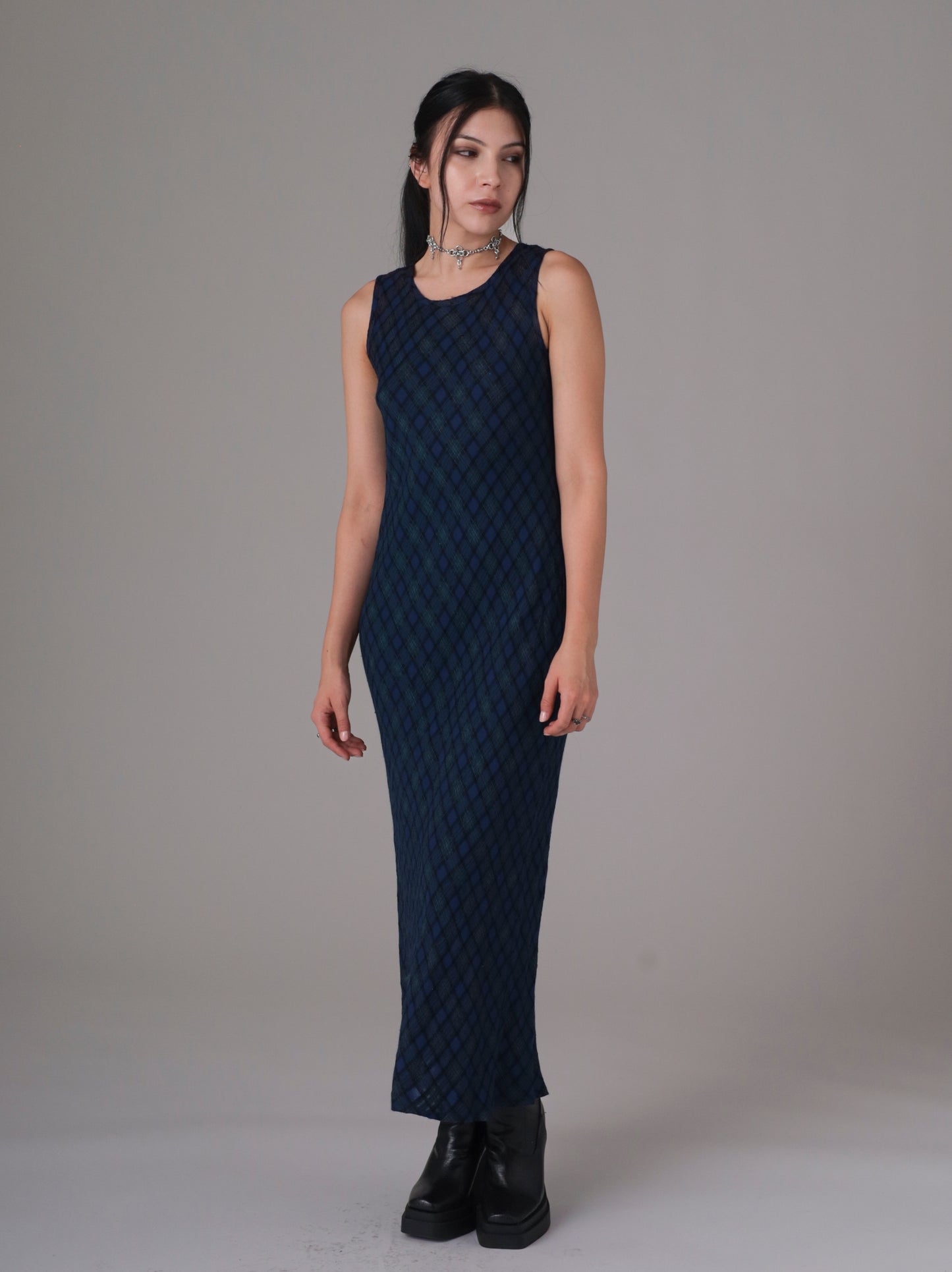 90s Blue Plaid Maxi Dress