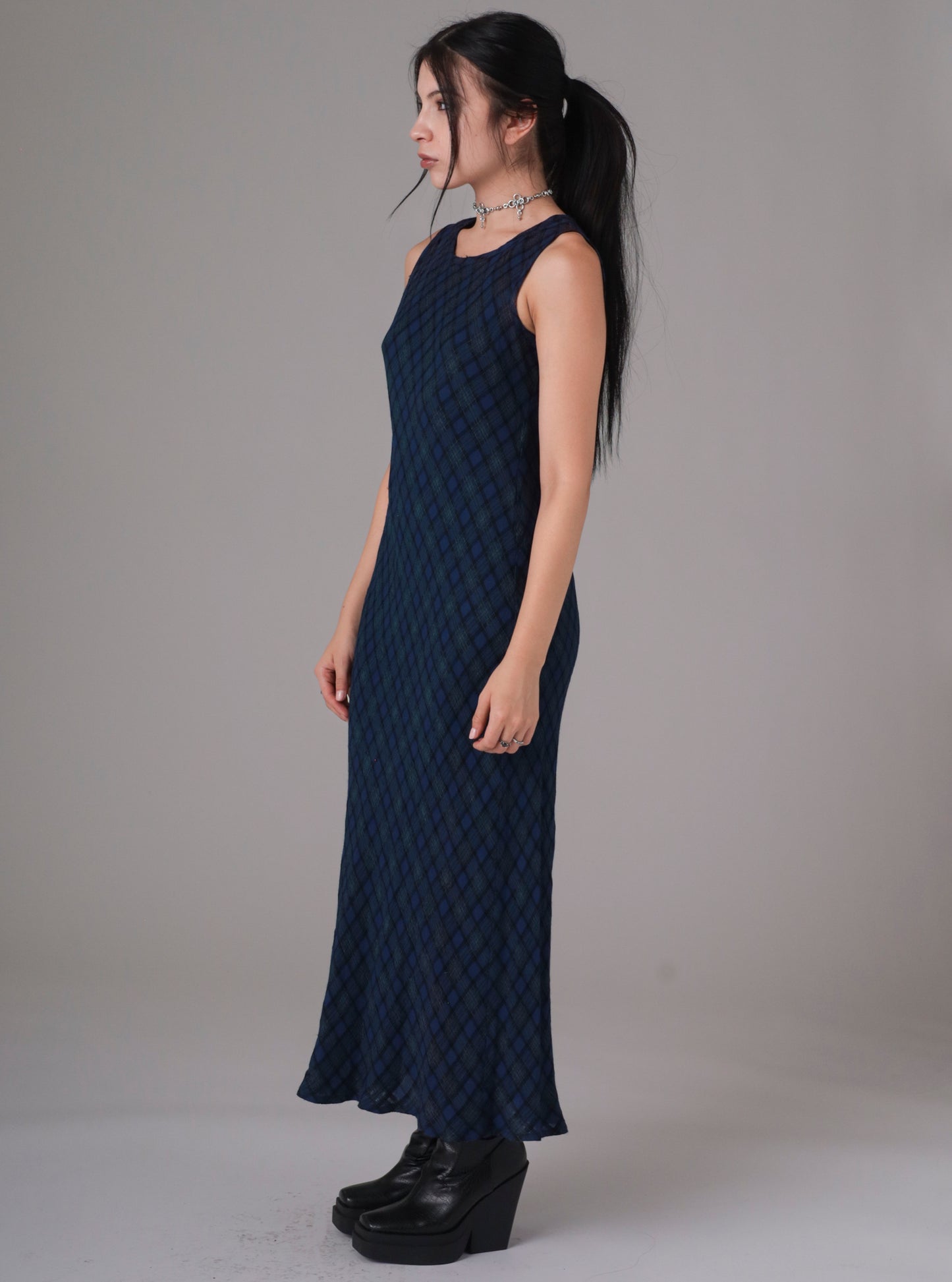 90s Blue Plaid Maxi Dress