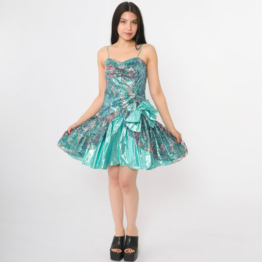 80s Teal Lame Lace Prom Dress S