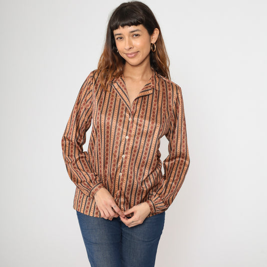 Vintage Tan Striped Button Up Blouse M/L