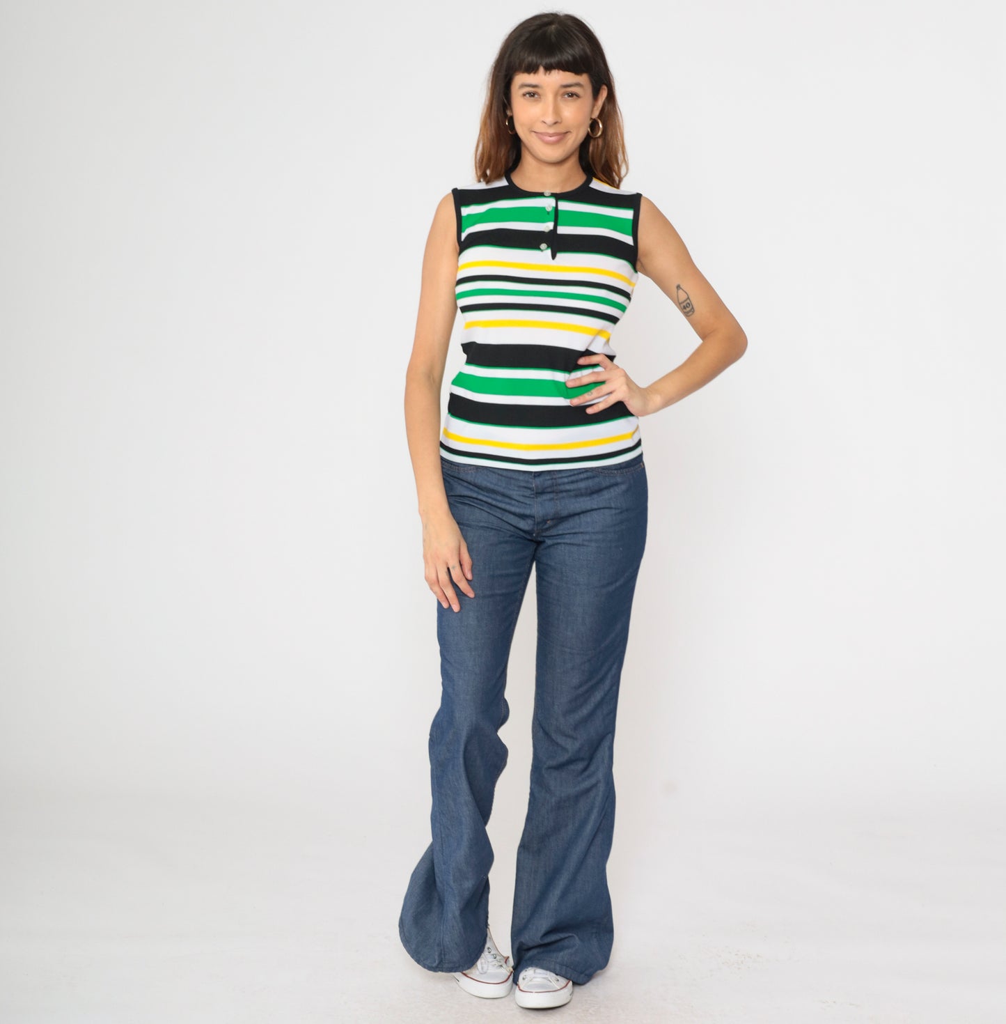 70s Mod Striped Henley Tank Top S