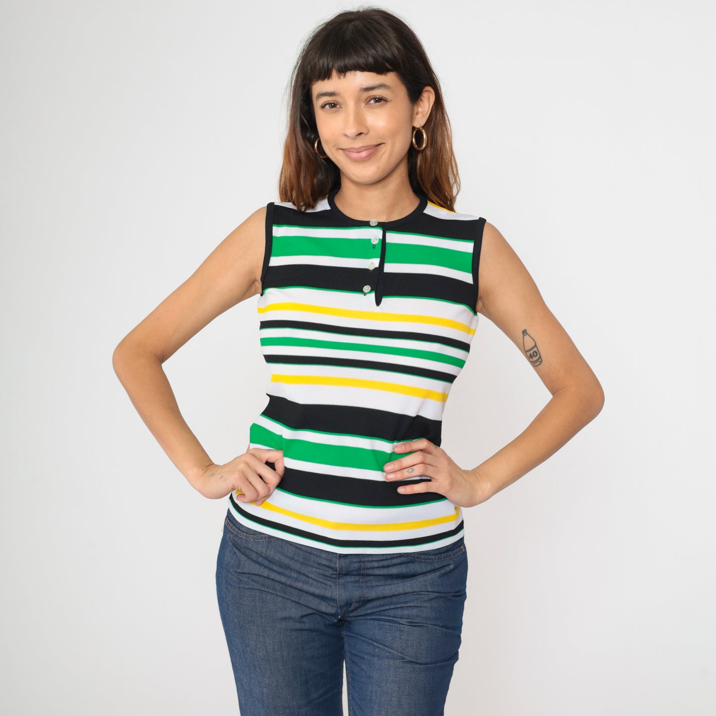 70s Mod Striped Henley Tank Top S