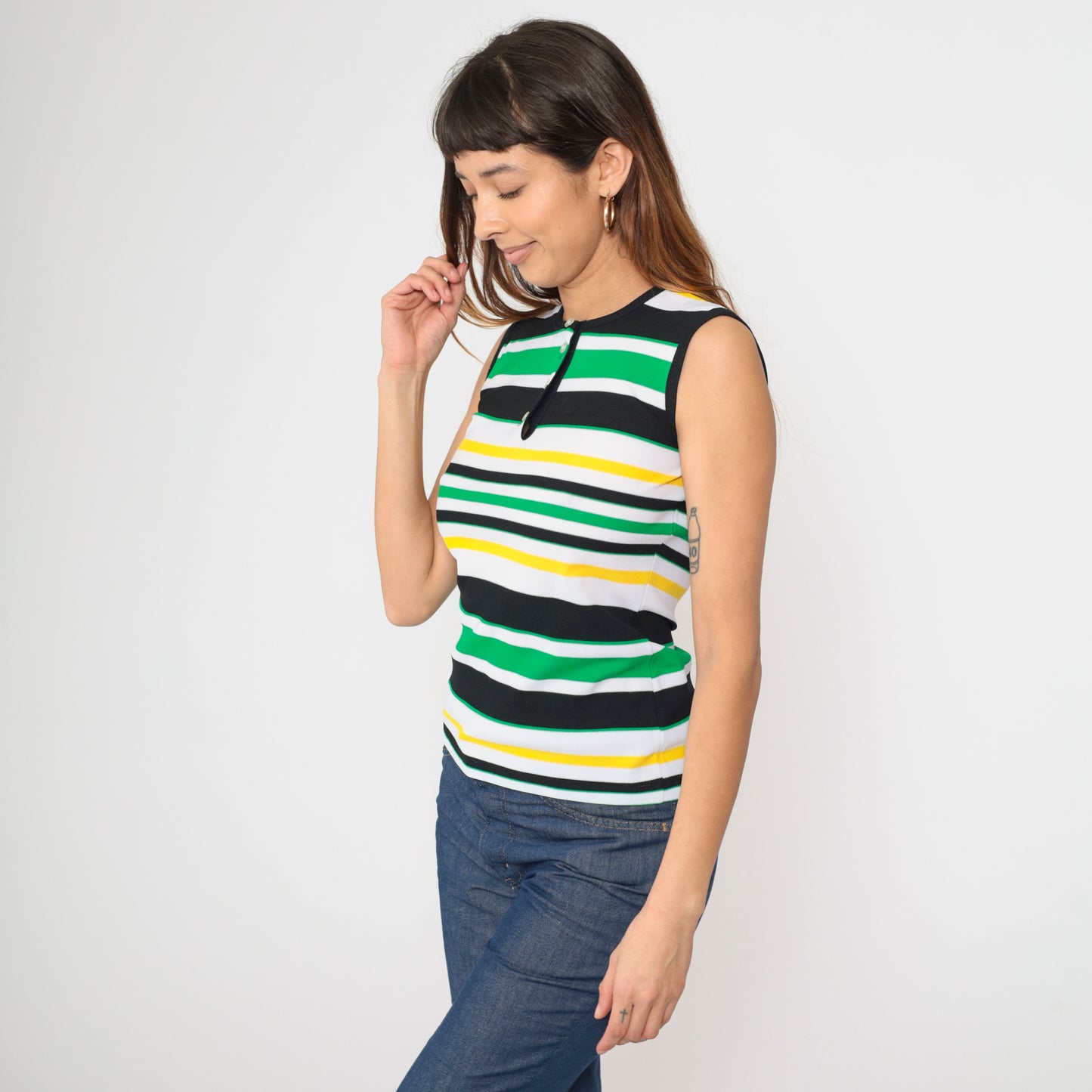 70s Mod Striped Henley Tank Top S