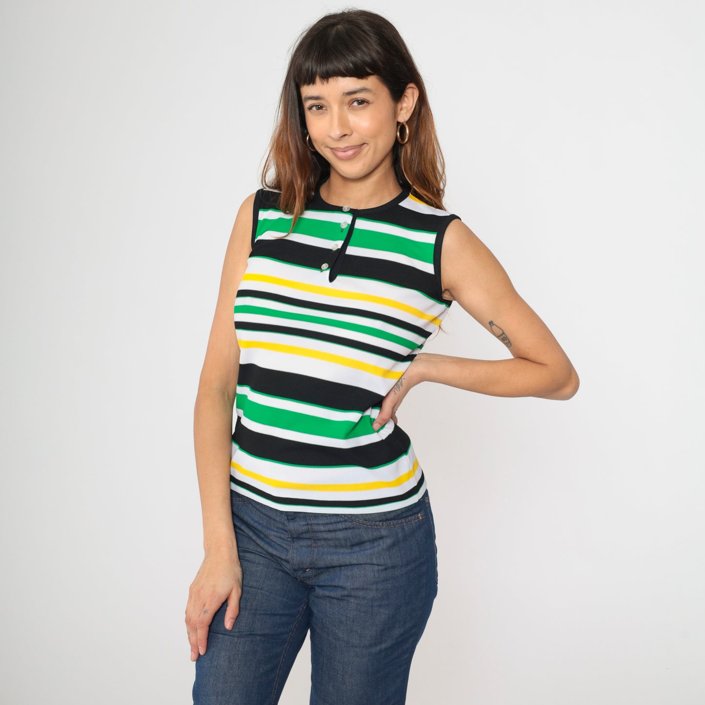 70s Mod Striped Henley Tank Top S