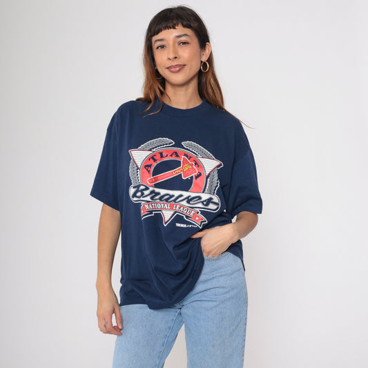90s Navy Atlanta Braves Baseball Graphic Tee XL