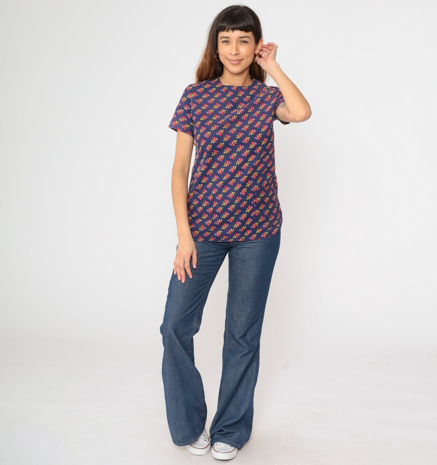 Vintage Dark Blue Mod Floral Top S