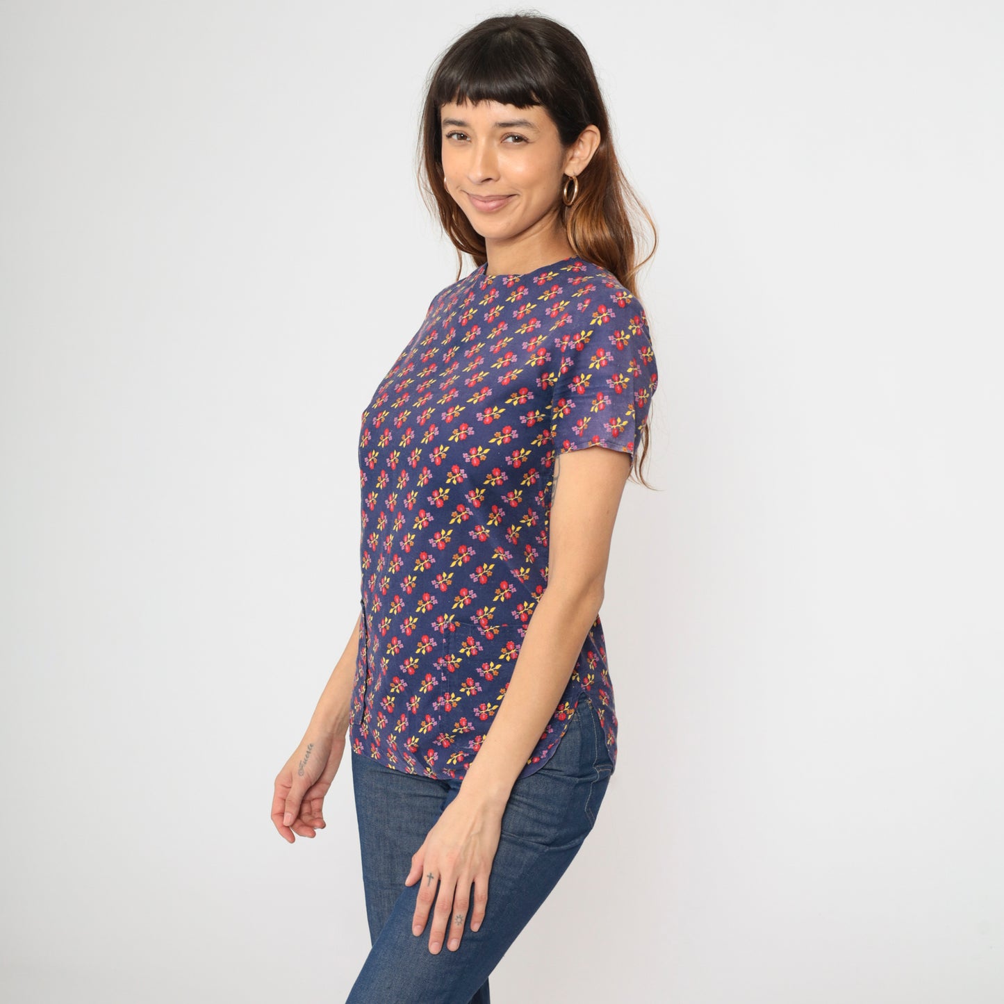Vintage Dark Blue Mod Floral Top S