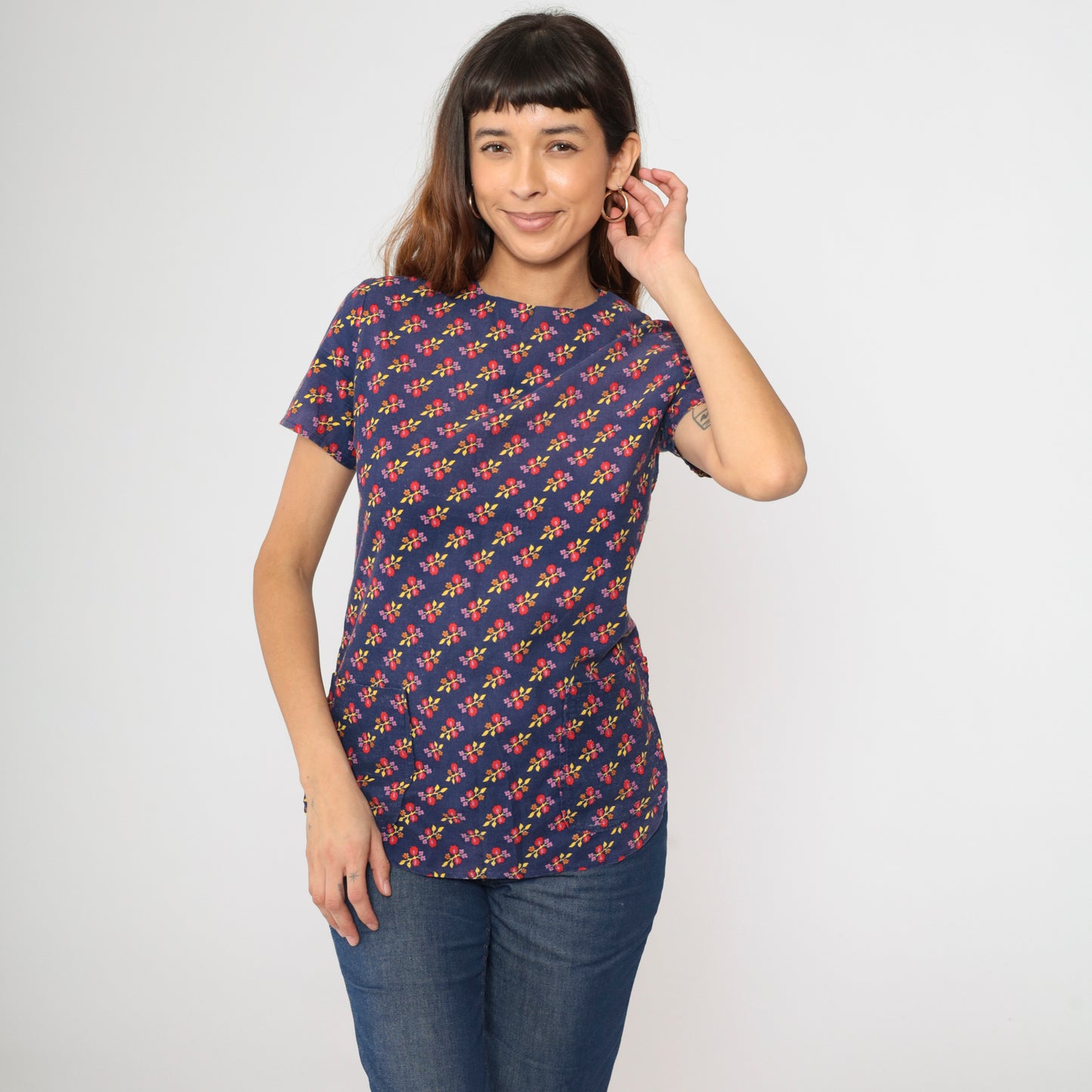 Vintage Dark Blue Mod Floral Top S